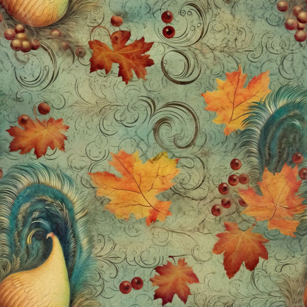 sage green, teal, cream, rust, golden yellow, orange, peacock blue, autumn leaves, maple leaves, fall foliage, berries, red berries, ornamental scrolls, vintage, botanical, nature, whimsical, elegant, traditional, peacock feathers, birds, autumn, fall, harvest, decorative, ornate, classic, timeless, woodland