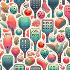 watercolor style, pickleball paddles, sport equipment, coral pink, teal green, sage green, peach orange, cream background, balls with holes, autumn leaves, botanical elements, whimsical pattern,, fabric panel, recreational sports, scattered design, soft pastels, playful motif, geometric shapes, nature accents