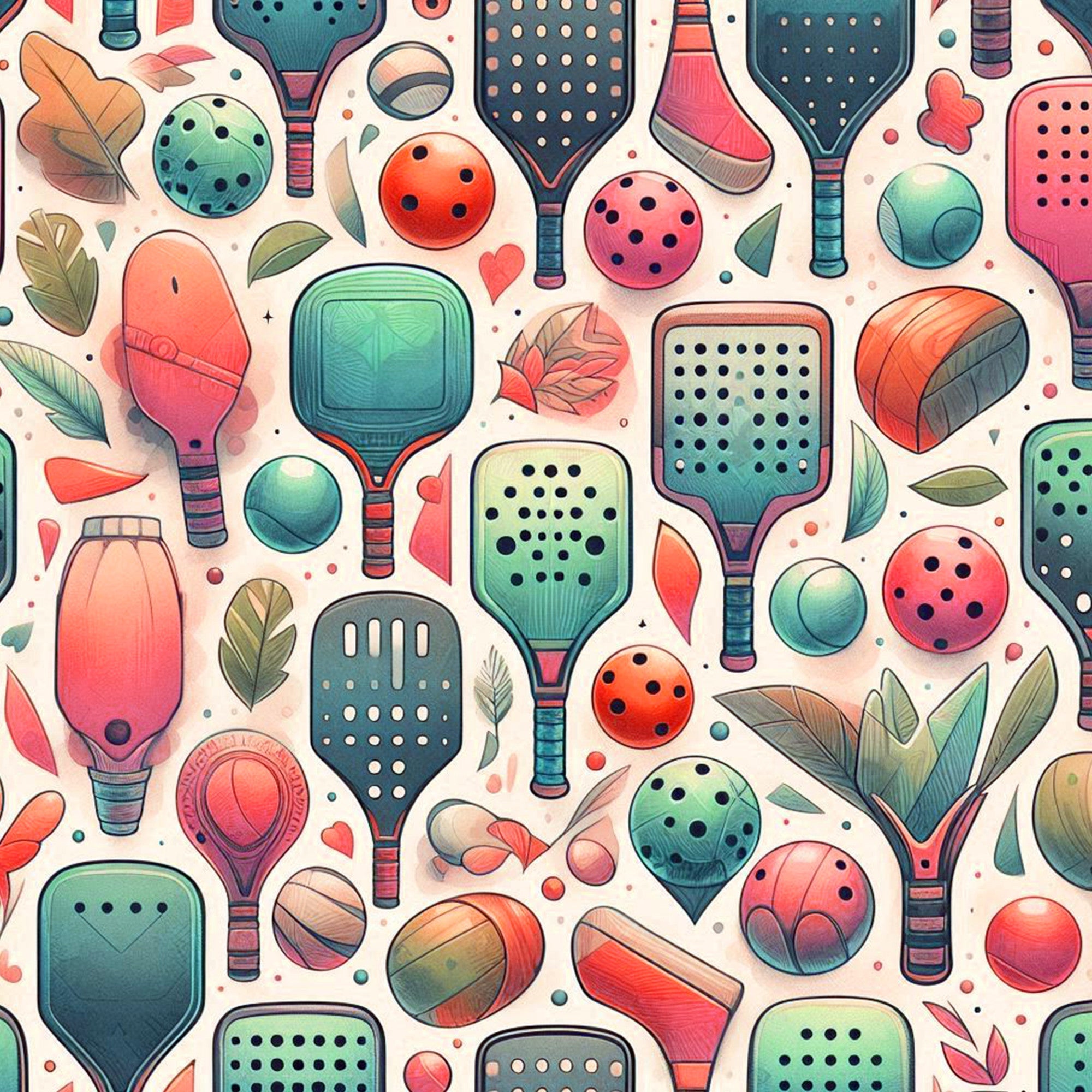 watercolor style, pickleball paddles, sport equipment, coral pink, teal green, sage green, peach orange, cream background, balls with holes, autumn leaves, botanical elements, whimsical pattern,, fabric panel, recreational sports, scattered design, soft pastels, playful motif, geometric shapes, nature accents
