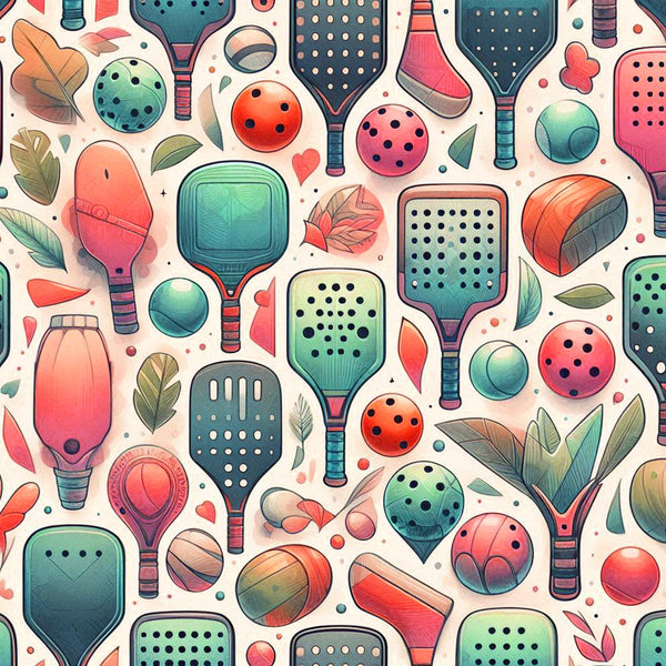 watercolor style, pickleball paddles, sport equipment, coral pink, teal green, sage green, peach orange, cream background, balls with holes, autumn leaves, botanical elements, whimsical pattern,, fabric panel, recreational sports, scattered design, soft pastels, playful motif, geometric shapes, nature accents