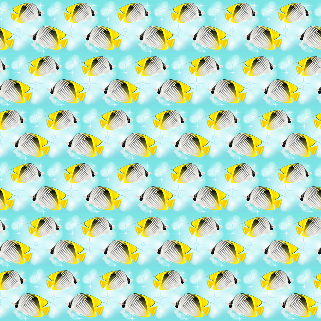tropical fish, butterflyfish, yellow, aqua, turquoise, white, ocean theme, marine life, underwater scene, repeating pattern, summer vibes, beach motif,, fabric panel, sea creatures, coral reef fish, tropical paradise, coastal design, bright colors, swimming fish