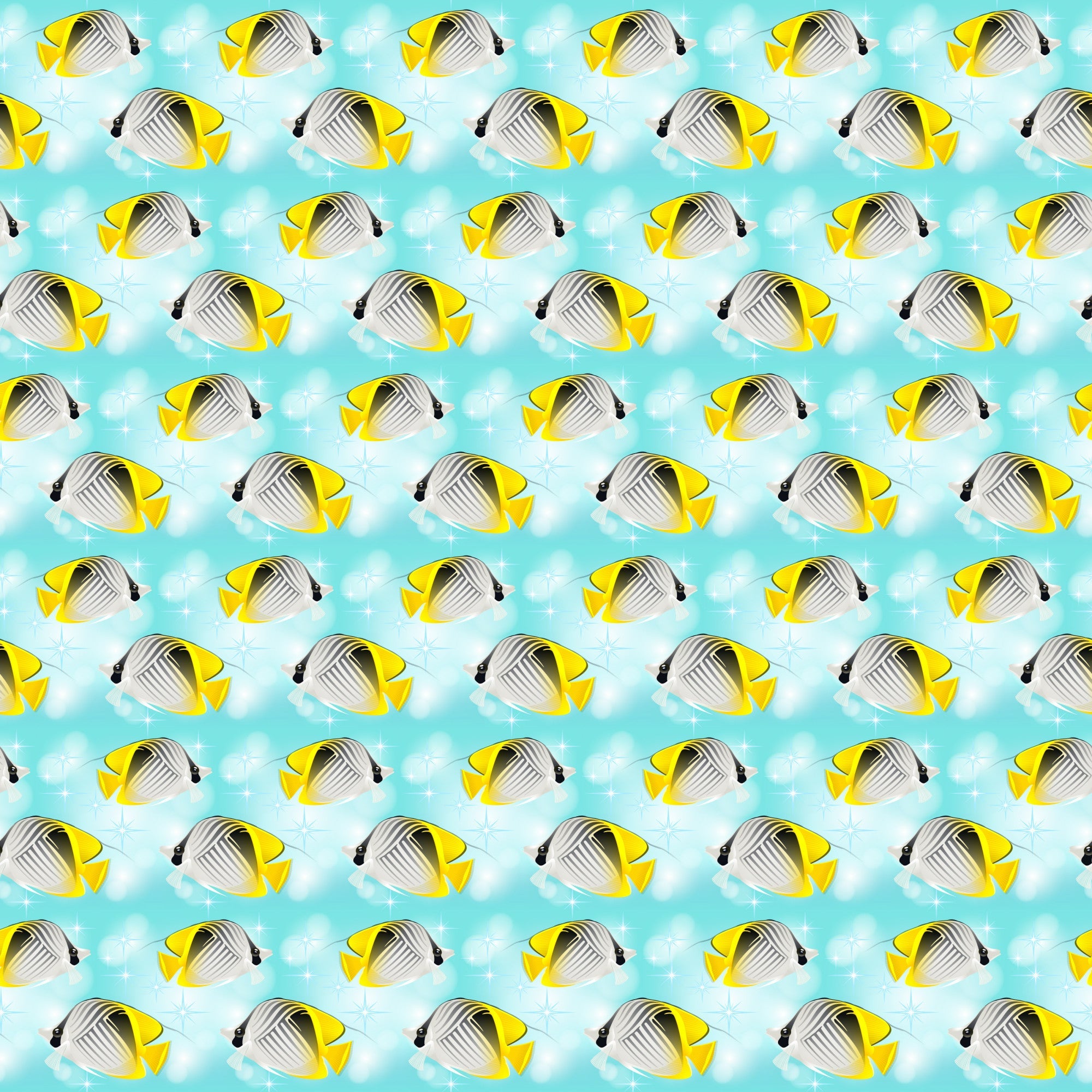 tropical fish, butterflyfish, yellow, aqua, turquoise, white, ocean theme, marine life, underwater scene, repeating pattern, summer vibes, beach motif,, fabric panel, sea creatures, coral reef fish, tropical paradise, coastal design, bright colors, swimming fish