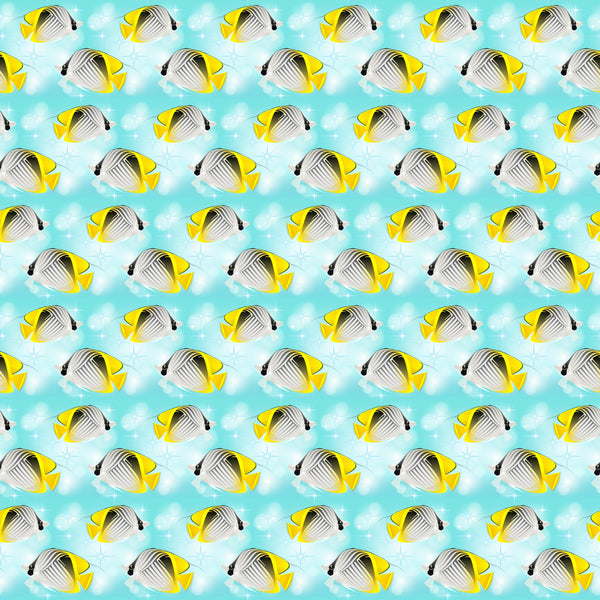 tropical fish, butterflyfish, yellow, aqua, turquoise, white, ocean theme, marine life, underwater scene, repeating pattern, summer vibes, beach motif,, fabric panel, sea creatures, coral reef fish, tropical paradise, coastal design, bright colors, swimming fish
