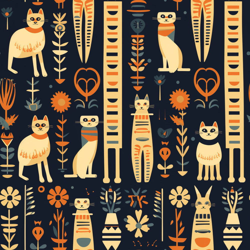 navy blue, cream, golden yellow, burnt orange, teal, egyptian cats, art deco, geometric, striped, floral, nature, whimsical, modern, vintage, retro, cats, flowers, sunflowers, hearts, plants, botanical, stylized, playroom, kids room, nursery, children's, decorative, contemporary, folk art, pattern