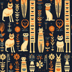 navy blue, cream, golden yellow, burnt orange, teal, egyptian cats, art deco, geometric, striped, floral, nature, whimsical, modern, vintage, retro, cats, flowers, sunflowers, hearts, plants, botanical, stylized, playroom, kids room, nursery, children's, decorative, contemporary, folk art, pattern