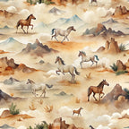 wild horses, galloping horses, desert landscape, southwestern scene, watercolor style, earth tones, beige background, brown horses, white horses, mountain silhouettes, rock formations, desert plants, clouds, warm palette, rustic atmosphere, western theme,, fabric panel, seamless pattern, nature scene