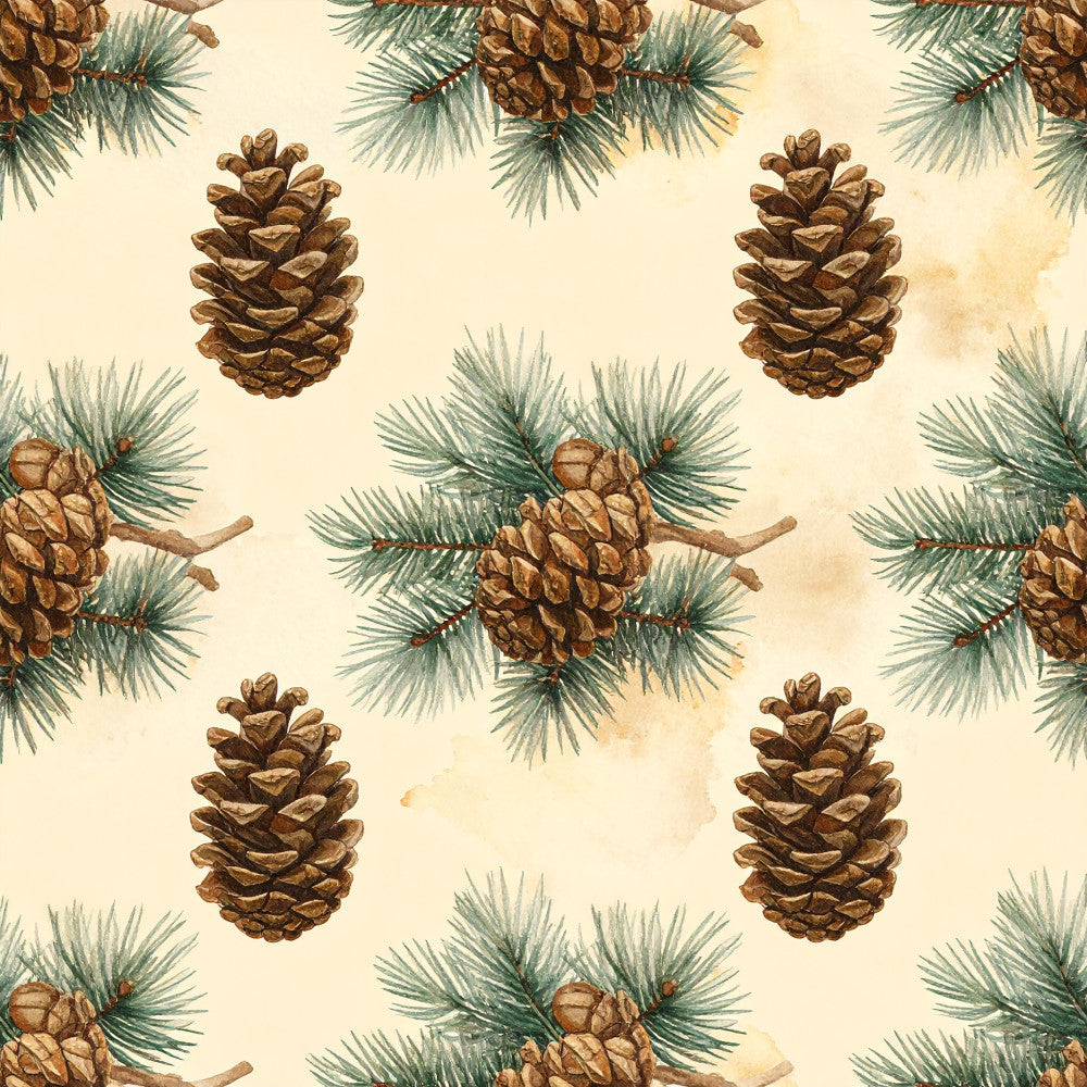 cream, tan, brown, forest green, sage green, pinecone, evergreen, pine branches, woodland, nature, botanical, rustic, traditional, vintage, holiday, christmas, winter, seasonal, natural, earthy, cozy, festive, cabin, lodge, nursery, kids room, baby, naturalistic, illustration style, detailed botanical