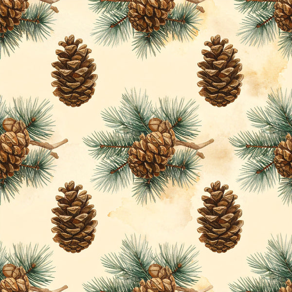 cream, tan, brown, forest green, sage green, pinecone, evergreen, pine branches, woodland, nature, botanical, rustic, traditional, vintage, holiday, christmas, winter, seasonal, natural, earthy, cozy, festive, cabin, lodge, nursery, kids room, baby, naturalistic, illustration style, detailed botanical