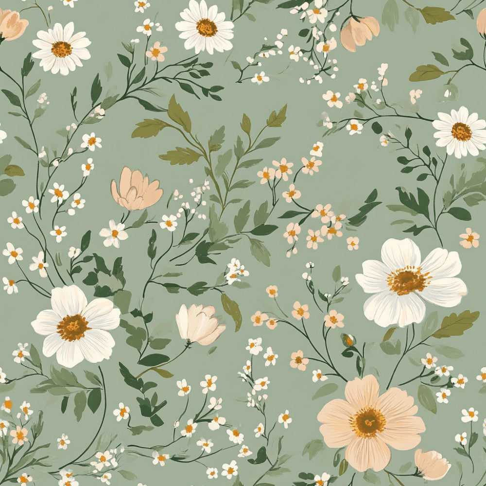 sage green, cream white, soft peach, golden yellow, floral, daisy, botanical, nature, garden flowers, spring, summer, vintage, cottage core, whimsical, romantic, delicate, peaceful, calming, wildflowers, small florals, baby girl, nursery, children's room, feminine, traditional, elegant, pastoral, meadow flowers, leaf motifs