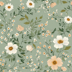 sage green, cream white, soft peach, golden yellow, floral, daisy, botanical, nature, garden flowers, spring, summer, vintage, cottage core, whimsical, romantic, delicate, peaceful, calming, wildflowers, small florals, baby girl, nursery, children's room, feminine, traditional, elegant, pastoral, meadow flowers, leaf motifs