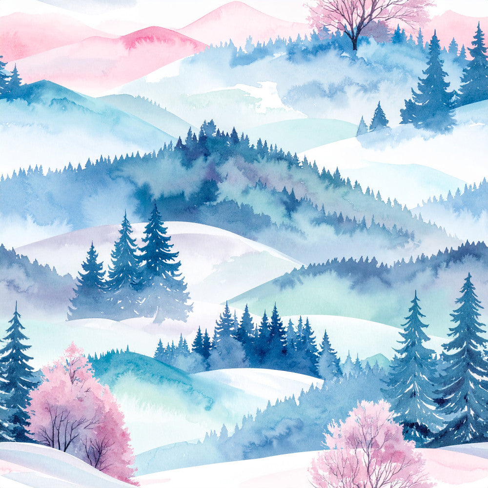 winter landscape, snowy mountains, evergreen trees, pine forest, misty hills, watercolor art, soft blue, dusty pink, blush pink, navy blue, pale blue, light gray, winter scene, nature themed, peaceful landscape, serene, whimsical, artistic, woodland, forest, snow covered, mountain vista, scenic, dreamy, ethereal, baby nursery, kids room, nature lovers, winter holiday