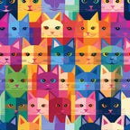 cat faces, geometric cats, patchwork design,, fabric panel, colorful blocks, rainbow colors, bright pink, vibrant orange, electric blue, emerald green, purple, yellow, teal, modern geometric, stylized animals, contemporary art, playful cats, abstract felines, multicolored pattern