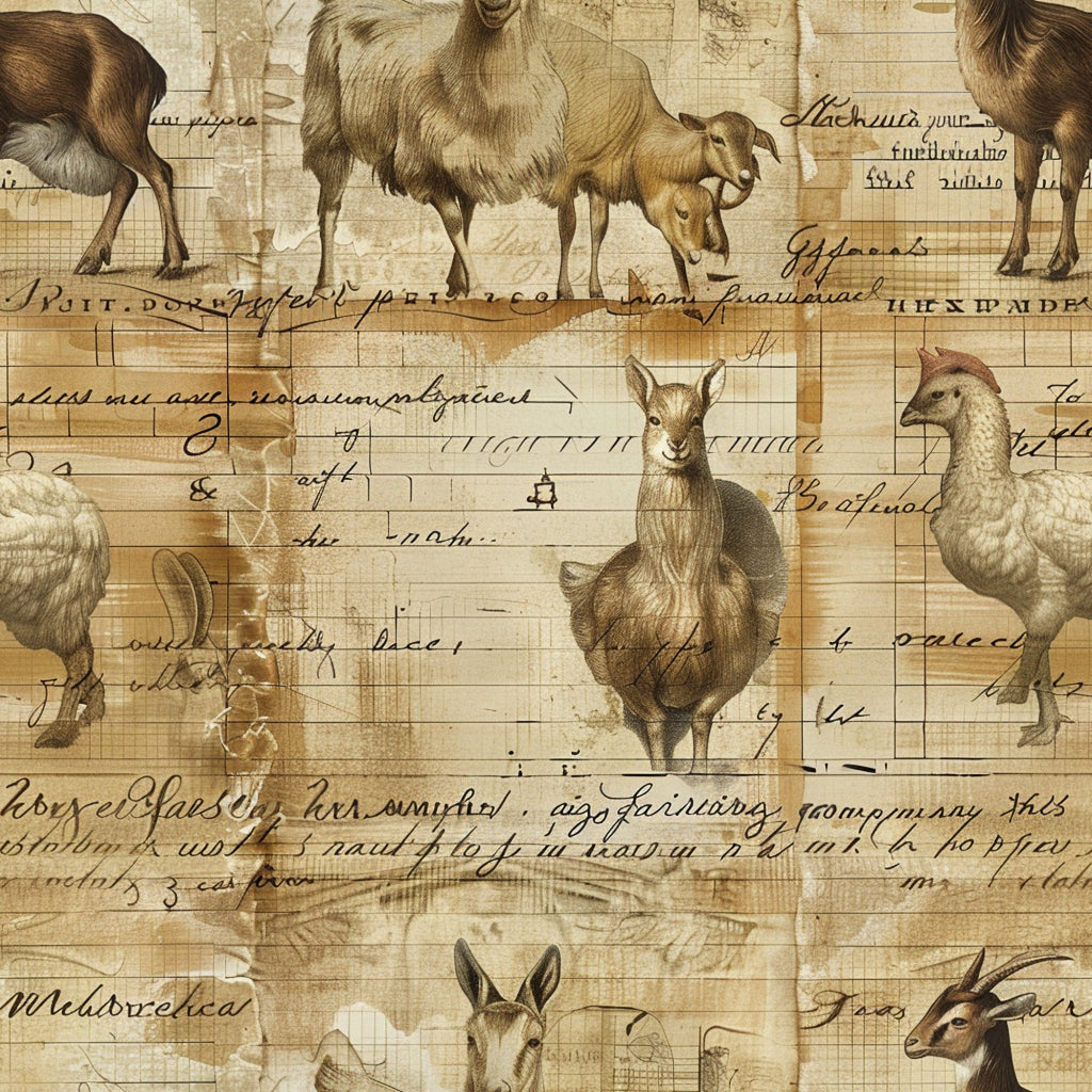 beige, cream, sepia tones, farm animals, goats, chickens, roosters, sheep, vintage illustrations, handwritten script, aged paper effect, rural life, barnyard animals, livestock, antique diary style, weathered parchment, pastoral scene,, fabric panel, rustic charm, country living, farmhouse theme