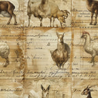 beige, cream, sepia tones, farm animals, goats, chickens, roosters, sheep, vintage illustrations, handwritten script, aged paper effect, rural life, barnyard animals, livestock, antique diary style, weathered parchment, pastoral scene,, fabric panel, rustic charm, country living, farmhouse theme