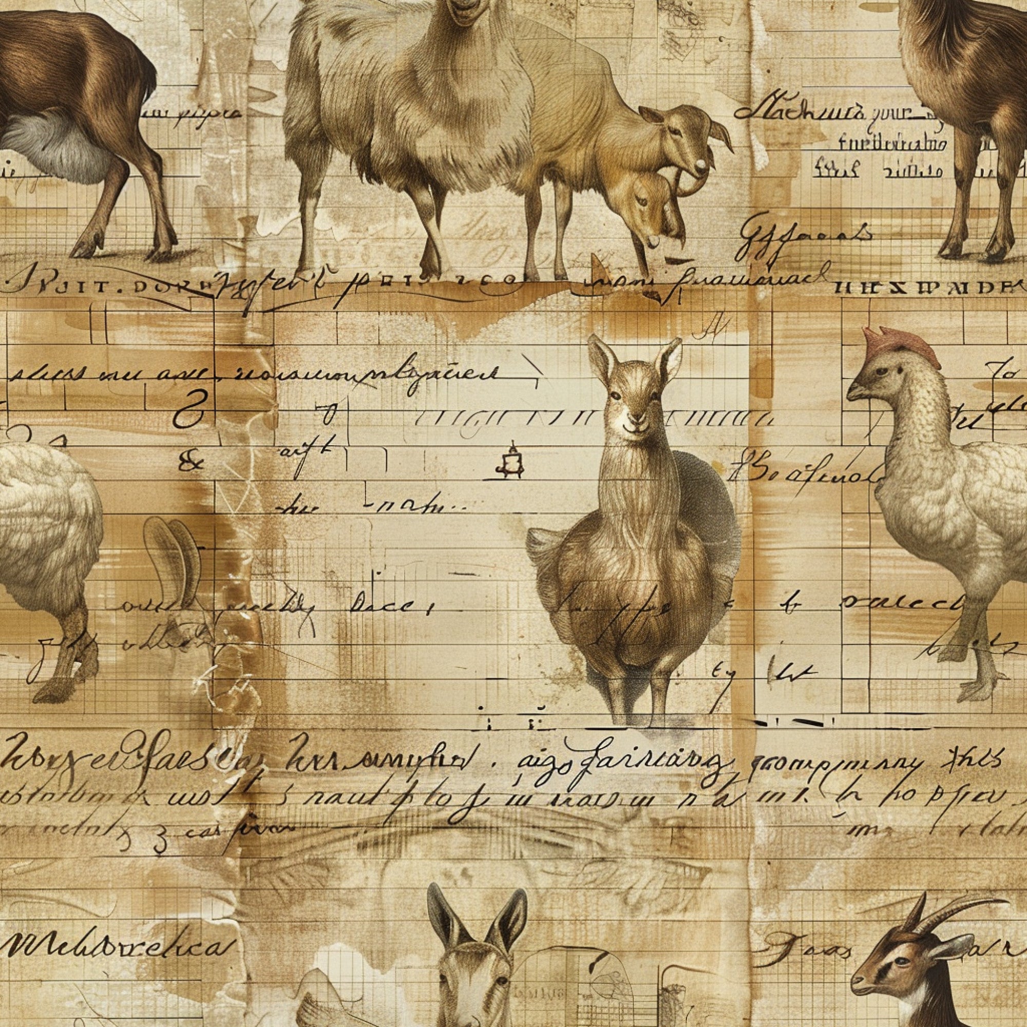 beige, cream, sepia tones, farm animals, goats, chickens, roosters, sheep, vintage illustrations, handwritten script, aged paper effect, rural life, barnyard animals, livestock, antique diary style, weathered parchment, pastoral scene,, fabric panel, rustic charm, country living, farmhouse theme
