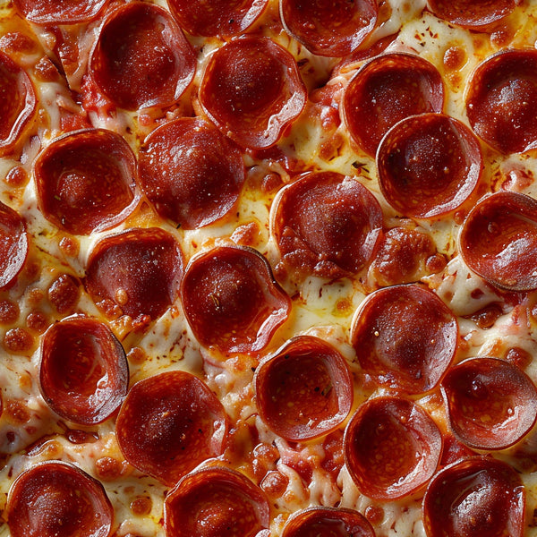 pepperoni pizza, red, orange, white, melted cheese, circular pepperoni, junk food, realistic food, appetizing, greasy texture, italian cuisine, comfort food,, fabric panel, food photography style, savory, restaurant theme, kitchen decor, culinary print, pizza slice