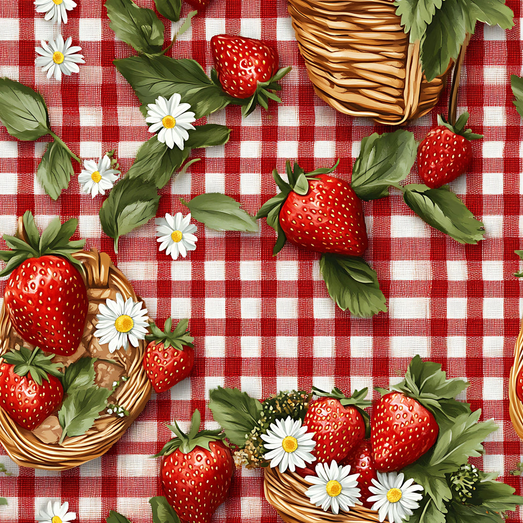 red gingham, white checkered, strawberries, wicker baskets, white daisies, green leaves, picnic theme, summer fruits,, fabric panel, realistic illustration, country style, checkered background, fresh berries, botanical elements, pastoral scene, cottage core, vintage charm
