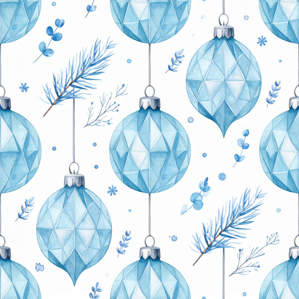 light blue, icy blue, sky blue, geometric ornaments, quilted baubles, winter holiday, christmas, snowflakes, evergreen branches, pine needles, festive, elegant, modern, whimsical, nature-inspired, botanical, beaded berries, decorative spheres, faceted ornaments, crystalline, frosty, wintery, seasonal, december, holiday decor, sophisticated, contemporary, cool tones, silver accents, delicate foliage