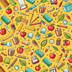 yellow background, school supplies, red apples, green leaves, pencils, crayons, books, rulers, erasers, paintbrushes, scattered pattern, bright colors, educational theme, back to school,, fabric panel, cheerful design, colorful illustration, academic motifs, classroom items