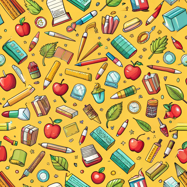 yellow background, school supplies, red apples, green leaves, pencils, crayons, books, rulers, erasers, paintbrushes, scattered pattern, bright colors, educational theme, back to school,, fabric panel, cheerful design, colorful illustration, academic motifs, classroom items
