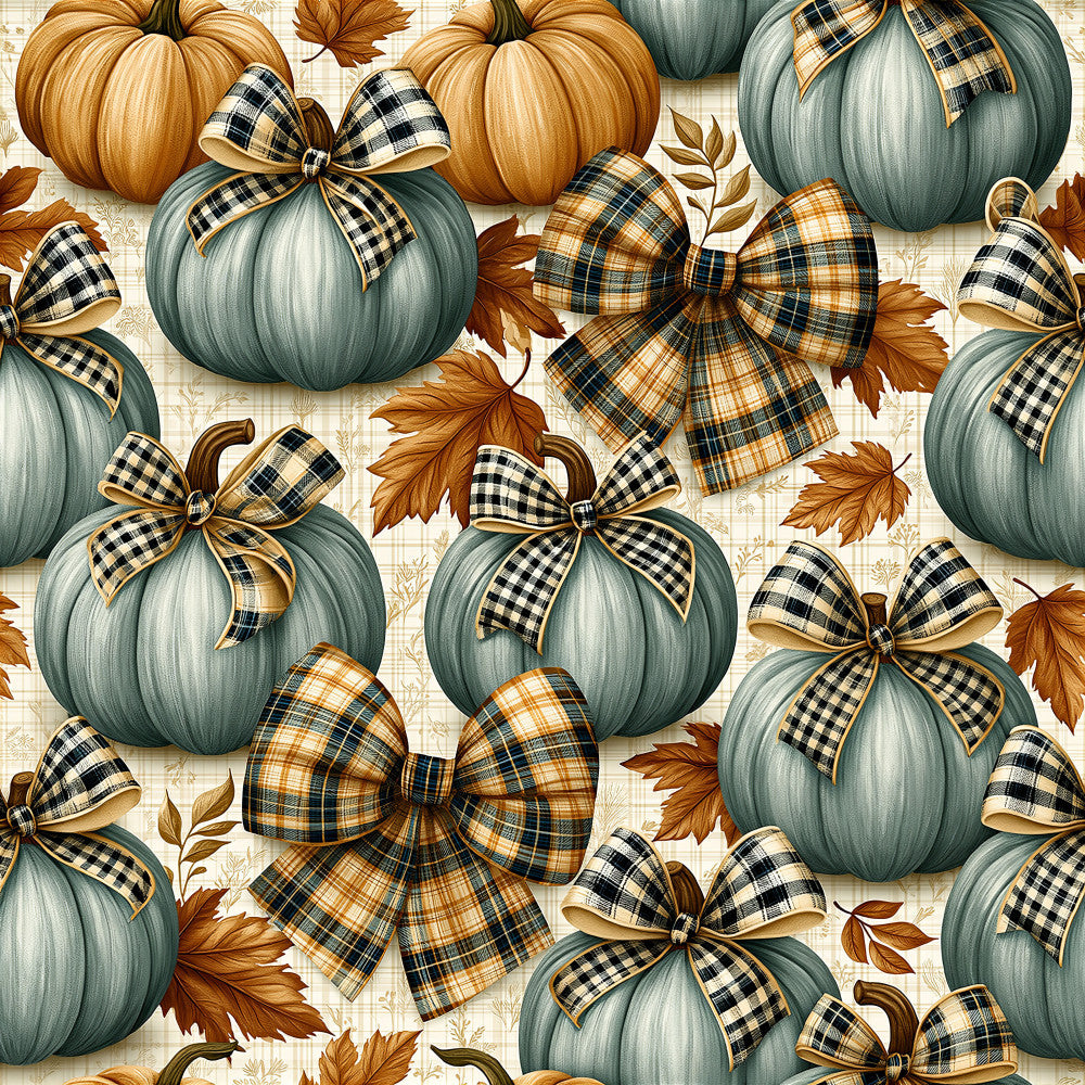 sage green, dusty blue, golden orange, cream, charcoal plaid, black and white gingham, autumn leaves, fall, harvest, pumpkins, plaid bows, gingham bows, rustic, farmhouse, vintage, traditional, thanksgiving, cozy, woodland, seasonal, home decor, quilt, nursery, children's room, kids room, nature-inspired, botanical, elegant, decorative bows