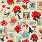 red roses, vintage stamps, blue birds, butterflies, postage stamps, romantic pattern, floral design, cream background,, fabric panel, botanical motifs, nostalgic style, love letters, postal theme, victorian era, detailed illustration, repeating pattern, cottage core, vintage ephemera, antique styling