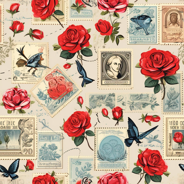 red roses, vintage stamps, blue birds, butterflies, postage stamps, romantic pattern, floral design, cream background,, fabric panel, botanical motifs, nostalgic style, love letters, postal theme, victorian era, detailed illustration, repeating pattern, cottage core, vintage ephemera, antique styling