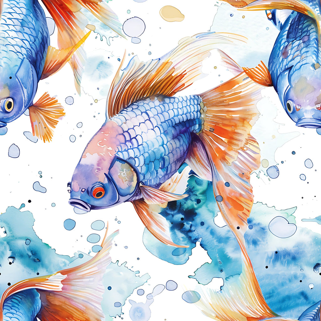 watercolor fish, aquatic pattern, blue orange, coral pink, swimming fish, underwater scene, ocean bubbles, marine life,, fabric panel, watercolor painting, sea creatures, tropical fish, flowing fins, aquarium design, liquid watercolor, fish scales, oceanic theme, artistic illustration, swimming motion