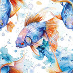 watercolor fish, aquatic pattern, blue orange, coral pink, swimming fish, underwater scene, ocean bubbles, marine life,, fabric panel, watercolor painting, sea creatures, tropical fish, flowing fins, aquarium design, liquid watercolor, fish scales, oceanic theme, artistic illustration, swimming motion