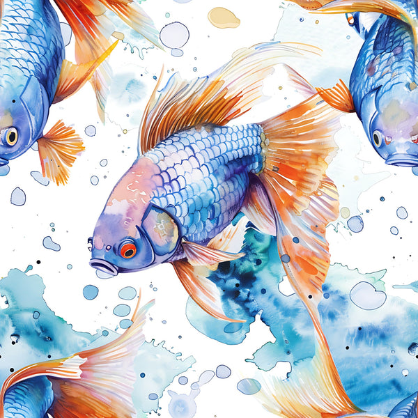 watercolor fish, aquatic pattern, blue orange, coral pink, swimming fish, underwater scene, ocean bubbles, marine life,, fabric panel, watercolor painting, sea creatures, tropical fish, flowing fins, aquarium design, liquid watercolor, fish scales, oceanic theme, artistic illustration, swimming motion