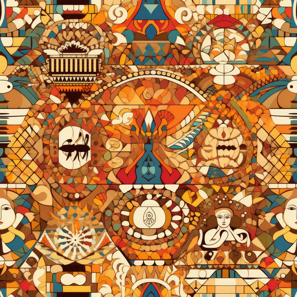mosaic art, geometric patterns, warm orange, burnt sienna, teal blue, cream beige, tribal motifs, abstract faces, circular medallions, intricate details,, fabric panel, bohemian style, ethnic designs, complex composition, earthy tones, decorative elements, patchwork inspiration, artistic mosaic, southwestern influence