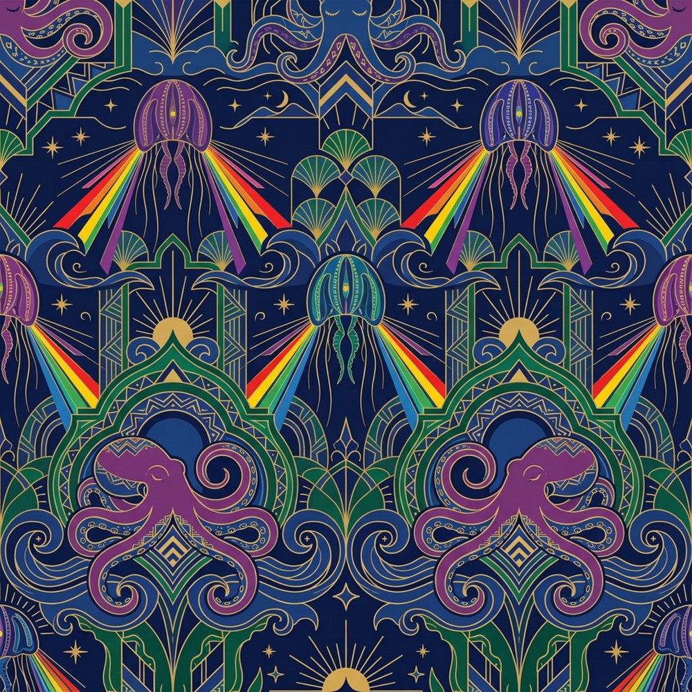 navy blue, forest green, gold, purple, magenta, rainbow, celestial, stars, moon, jellyfish, octopus, mandala, geometric, ornamental, art deco, bohemian, whimsical, mystical, cosmic, night sky, fantasy, magical, ornate, intricate, symmetrical, vibrant, bold, ocean creatures, marine life, mystical creatures