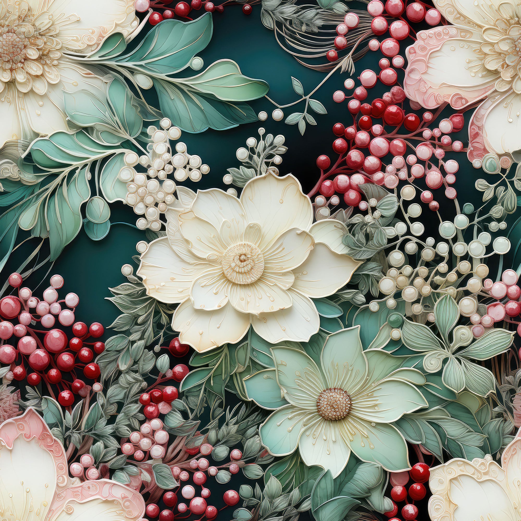 christmas florals,, fabric panel, deep teal, cream flowers, red berries, sage green, pink accents, winter botanicals, holiday floral, elegant blooms, festive berries, layered petals, dimensional flowers, seasonal foliage, ornate design, rich colors, decorative florals, winter garden