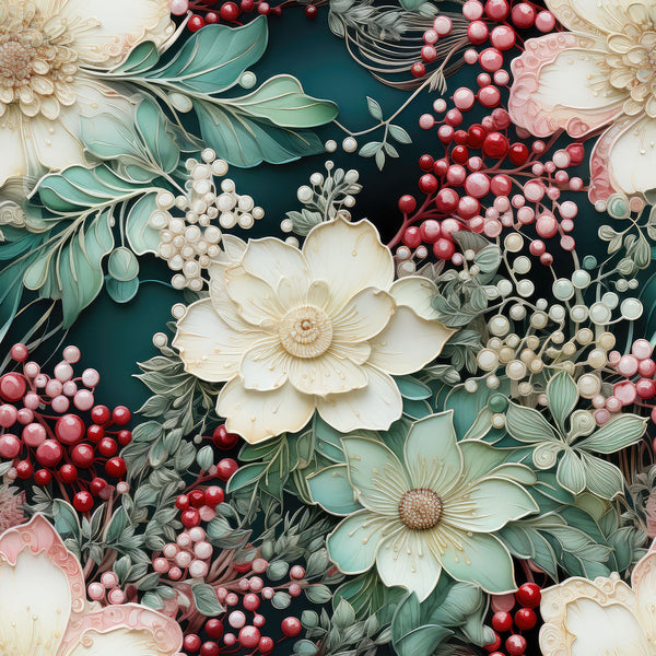 christmas florals,, fabric panel, deep teal, cream flowers, red berries, sage green, pink accents, winter botanicals, holiday floral, elegant blooms, festive berries, layered petals, dimensional flowers, seasonal foliage, ornate design, rich colors, decorative florals, winter garden