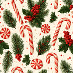 candy cane, peppermint, red and white striped, holly berries, evergreen, pine branches, festive, christmas, holiday, traditional, whimsical, candy, sweets, peppermint candy, red berries, green foliage, cream background, vintage christmas, retro holiday, winter, seasonal, classic christmas, candy motif, berry clusters, striped candy, decorative, cheerful, nostalgic