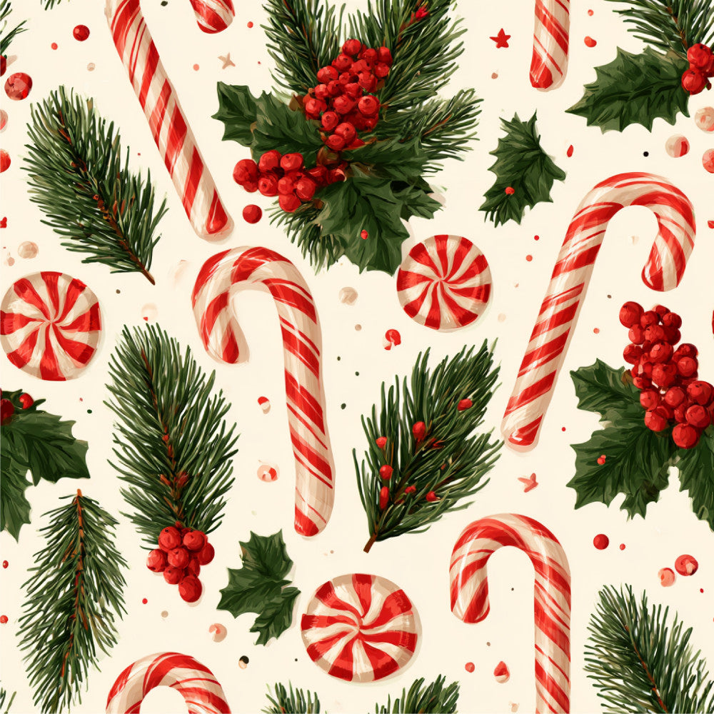 candy cane, peppermint, red and white striped, holly berries, evergreen, pine branches, festive, christmas, holiday, traditional, whimsical, candy, sweets, peppermint candy, red berries, green foliage, cream background, vintage christmas, retro holiday, winter, seasonal, classic christmas, candy motif, berry clusters, striped candy, decorative, cheerful, nostalgic