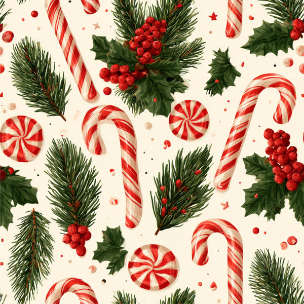 candy cane, peppermint, red and white striped, holly berries, evergreen, pine branches, festive, christmas, holiday, traditional, whimsical, candy, sweets, peppermint candy, red berries, green foliage, cream background, vintage christmas, retro holiday, winter, seasonal, classic christmas, candy motif, berry clusters, striped candy, decorative, cheerful, nostalgic