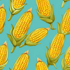 sweet corn, corn cobs, yellow kernels, golden yellow, turquoise background, green husks, brown silk tassels, vegetable pattern, food motif, farming theme, harvest design, realistic illustration, scattered layout,, fabric panel, summer produce, agricultural art, botanical design, kitchen theme, cooking motif
