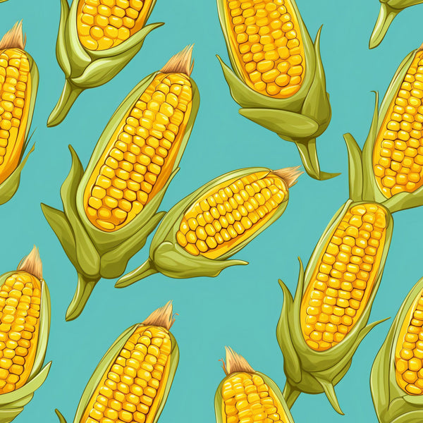 sweet corn, corn cobs, yellow kernels, golden yellow, turquoise background, green husks, brown silk tassels, vegetable pattern, food motif, farming theme, harvest design, realistic illustration, scattered layout,, fabric panel, summer produce, agricultural art, botanical design, kitchen theme, cooking motif