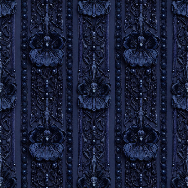 navy blue, midnight blue, indigo, dark blue, floral, botanical, ornamental, damask, vintage, elegant, luxurious, traditional, classical, decorative, ornate, flowers, petals, relief texture, embossed, formal, sophisticated, timeless, romantic, victorian, regal, upholstery-inspired, home decor, interior design, premium, detailed