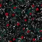 deep forest green, crimson red, black, white, floral, roses, botanical, vines, leaves, elegant, gothic, romantic, vintage, nature, dark academia, luxury, traditional, moody, dramatic, ornate scrollwork, burgundy roses, trailing vines, woodland, classic, sophisticated, dark florals, evening aesthetic