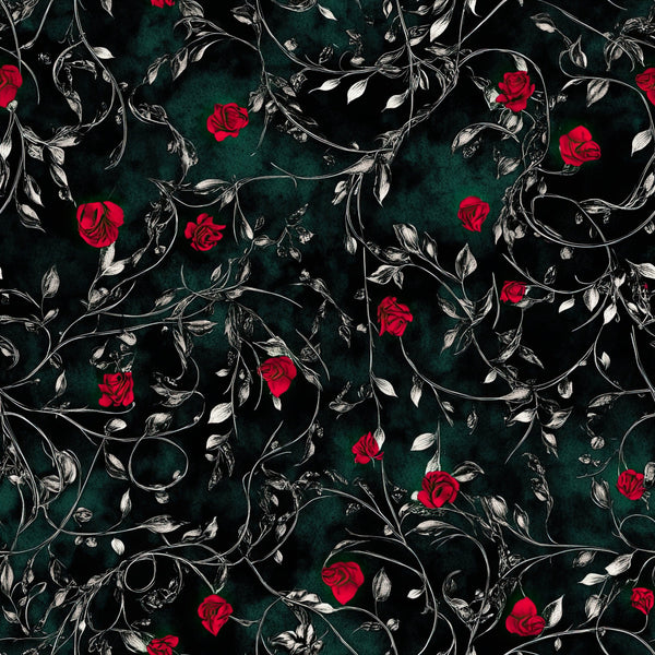deep forest green, crimson red, black, white, floral, roses, botanical, vines, leaves, elegant, gothic, romantic, vintage, nature, dark academia, luxury, traditional, moody, dramatic, ornate scrollwork, burgundy roses, trailing vines, woodland, classic, sophisticated, dark florals, evening aesthetic