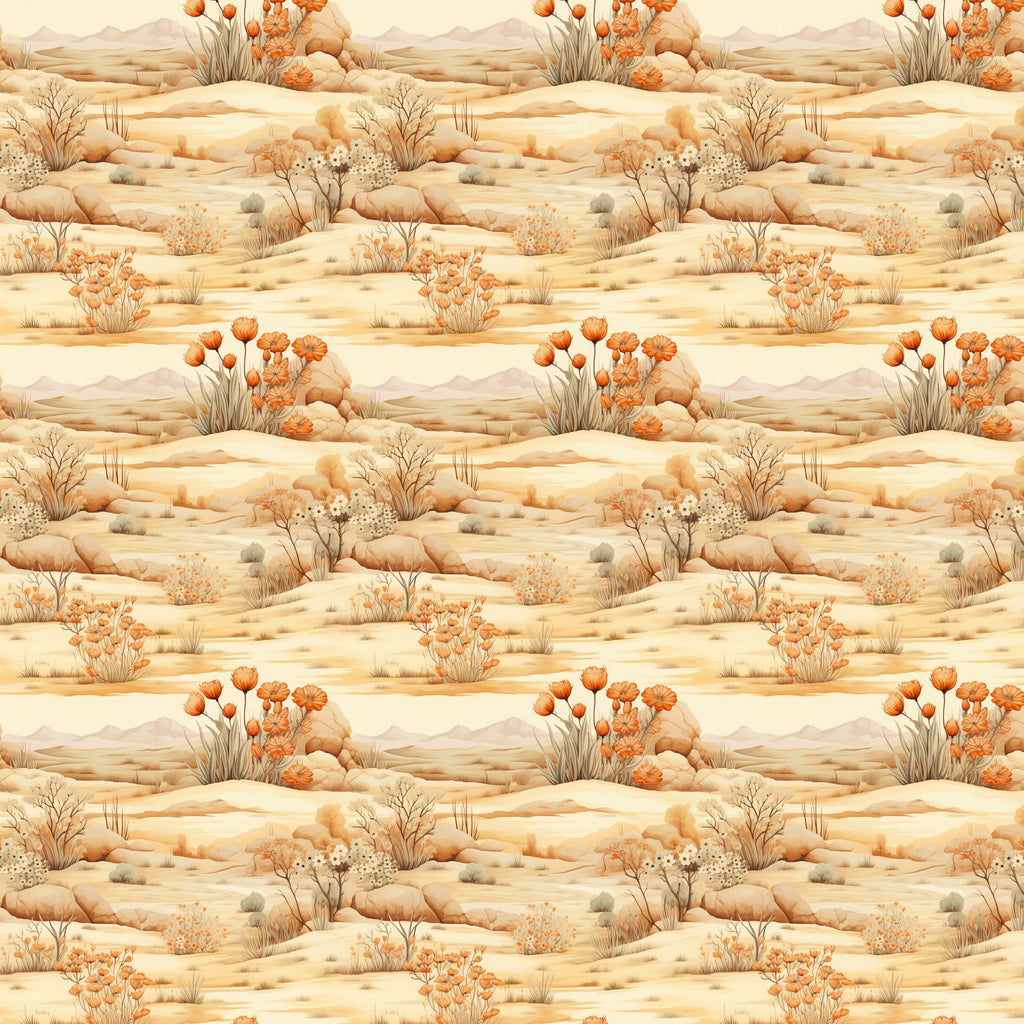 desert landscape, beige tones, orange flowers, sandy colors, cream background, rolling hills, desert plants, cacti blooms, warm palette, southwestern style, nature scene,, fabric panel, repeating pattern, earth tones, botanical elements, arid landscape, neutral colors, desert flora, seamless design
