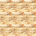 desert landscape, beige tones, orange flowers, sandy colors, cream background, rolling hills, desert plants, cacti blooms, warm palette, southwestern style, nature scene,, fabric panel, repeating pattern, earth tones, botanical elements, arid landscape, neutral colors, desert flora, seamless design