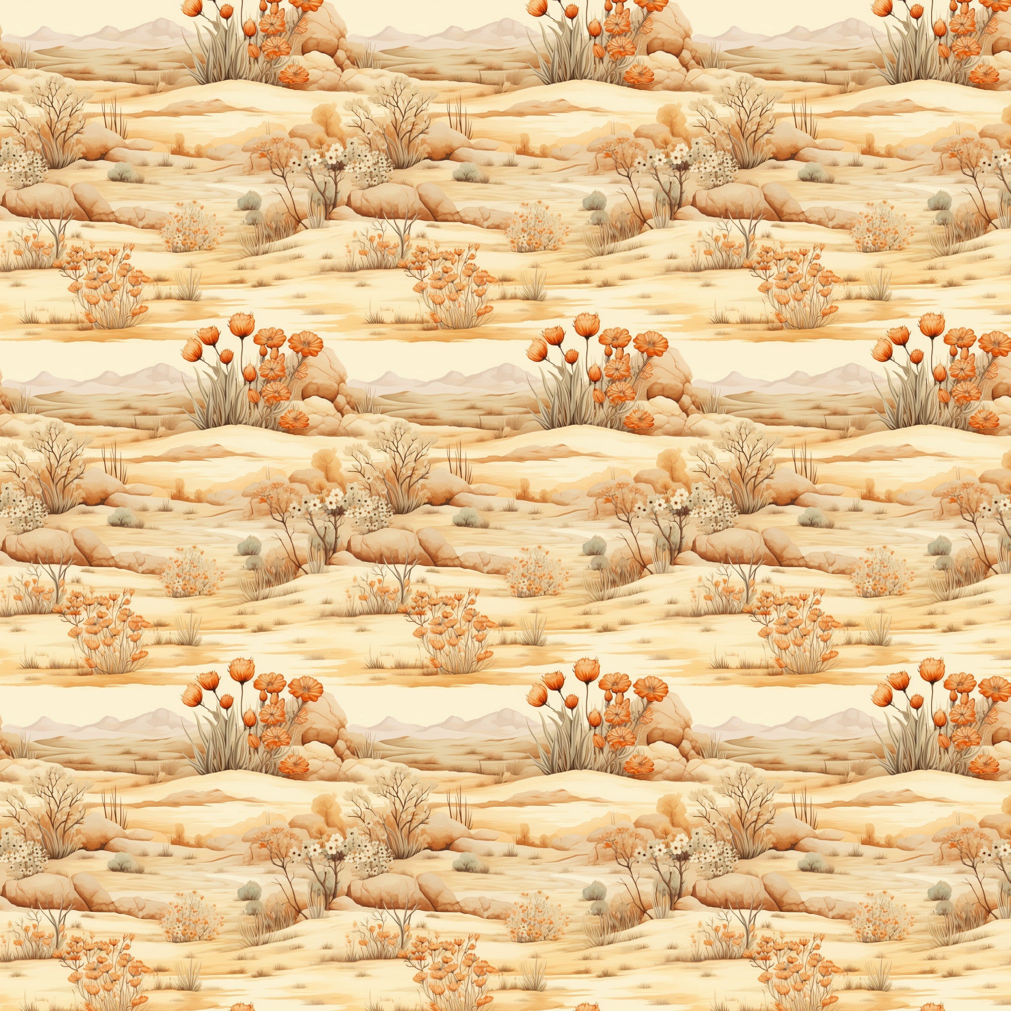 desert landscape, beige tones, orange flowers, sandy colors, cream background, rolling hills, desert plants, cacti blooms, warm palette, southwestern style, nature scene,, fabric panel, repeating pattern, earth tones, botanical elements, arid landscape, neutral colors, desert flora, seamless design
