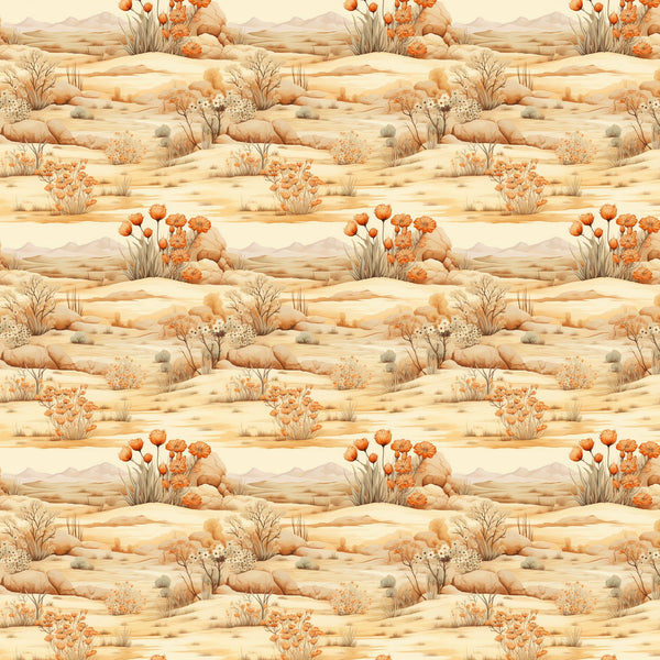 desert landscape, beige tones, orange flowers, sandy colors, cream background, rolling hills, desert plants, cacti blooms, warm palette, southwestern style, nature scene,, fabric panel, repeating pattern, earth tones, botanical elements, arid landscape, neutral colors, desert flora, seamless design