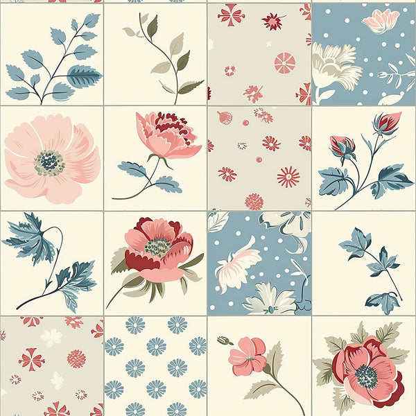 cottagecore,, fabric panel, floral motifs, botanical designs, pink flowers, blue leaves, coral blooms, sage green, dusty blue, cream background, vintage florals, country style, soft pastels, nature inspired, garden flowers, romantic florals, patchwork squares, quilting blocks, feminine aesthetic