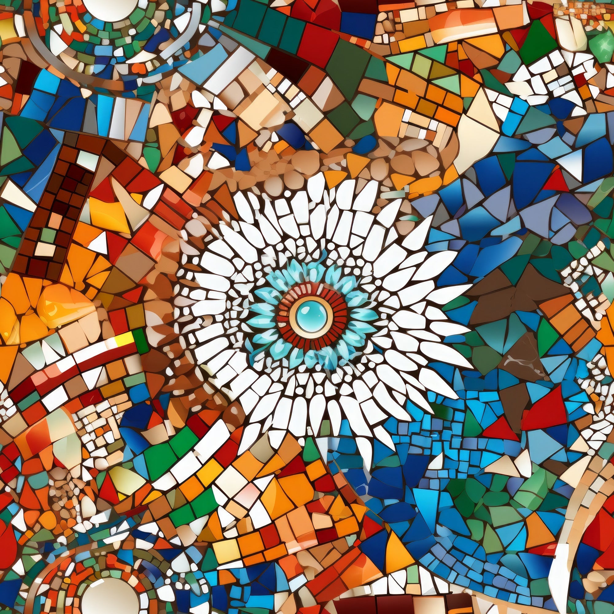 mosaic art, geometric pattern, radial design, white petals, turquoise center, orange tiles, blue fragments, red accents, green pieces, brown tones, stained glass effect, circular motif, tessellated design, vibrant colors,, fabric panel, artistic pattern, kaleidoscope design, decorative tiles, contemporary art