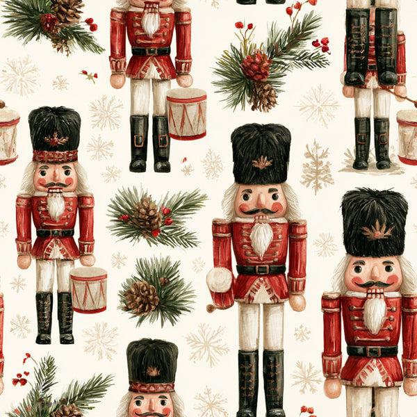 nutcracker, holiday, christmas, red, cream, forest green, black, gold, traditional, vintage, festive, drumming, pine branches, pinecones, berries, snowflakes, whimsical, classic, seasonal, winter, toy soldier, bearded figure, nutcracker soldier, children's, kids room, playroom, nursery, retro christmas, nostalgic