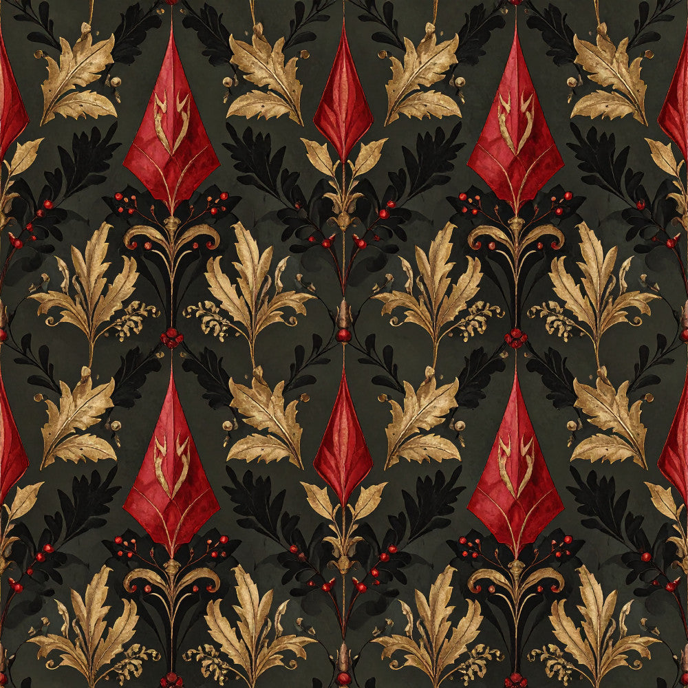 forest green, gold, red, burgundy, black, damask, floral, ornamental, victorian, traditional, elegant, botanical, leaves, oak leaves, berries, scrolls, ornate, vintage, classic, formal, sophisticated, holiday, christmas, festive, luxury, regal, baroque, jacquard, decorative, nature-inspired